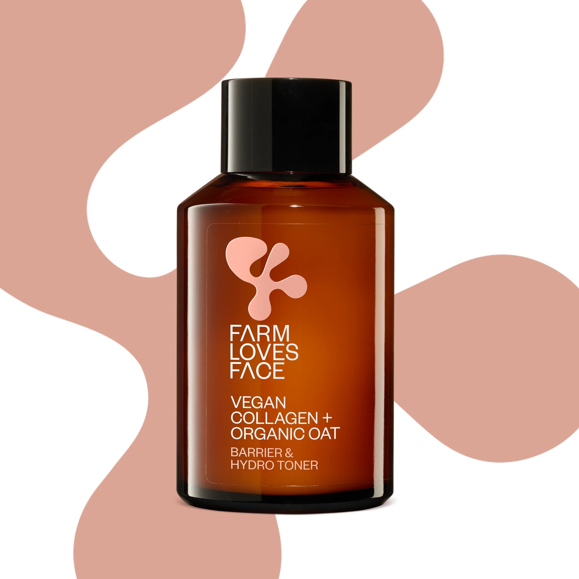 Eine braune Flasche mit der Aufschrift „Farm Loves Face Vegan Collagen + Organic Oat Barrier & Hydro Toner“ steht vor einem abstrakten beige-braunen Hintergrundmuster.