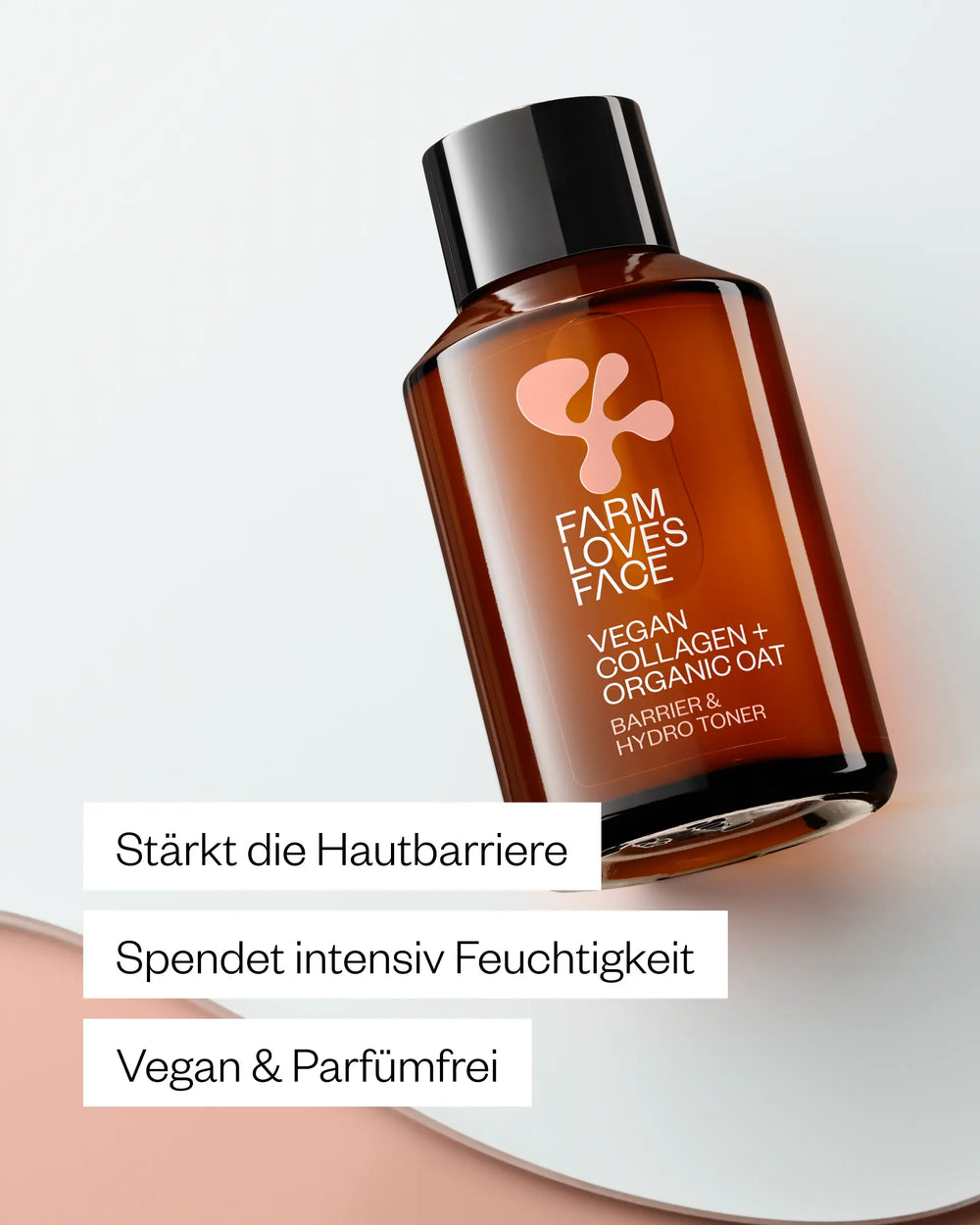 Auf weißem und beigem Hintergrund ist eine braune Flasche mit der Aufschrift Farm Loves Face Hyper Hydration Sparset" zu sehen, neben der in deutscher Sprache die Vorteile hervorgehoben werden.